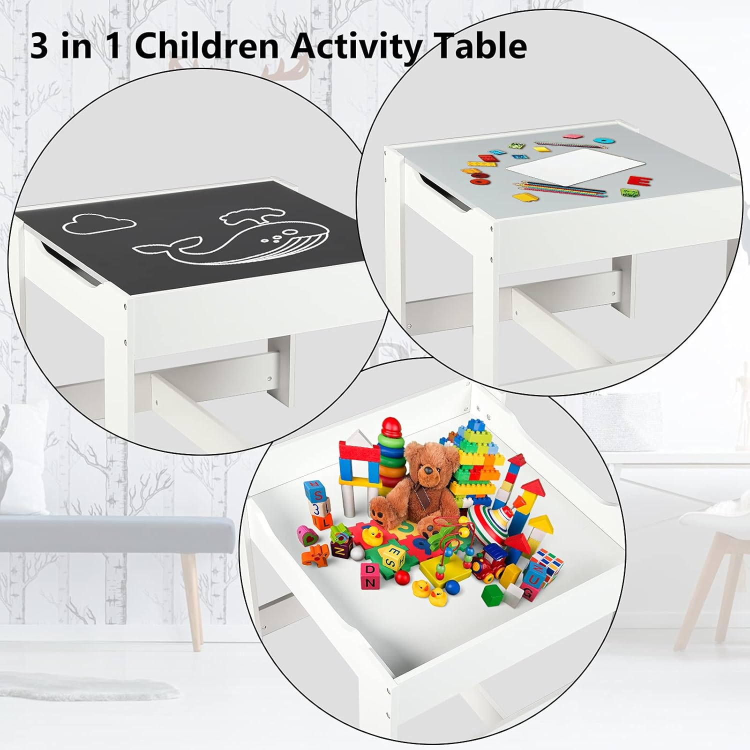 Kinder King Kids Wood Table & 2 Chairs Set, 3 in 1 Children Activity Table w/Storage, Removable Tabletop, Blackboard, 3-Piece Toddler Furniture Set for Art