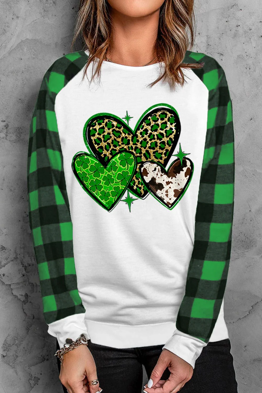 St. Patrick's Day Clover Plaid Heart-shaped Round Neck Shift Casual sweatshirt.