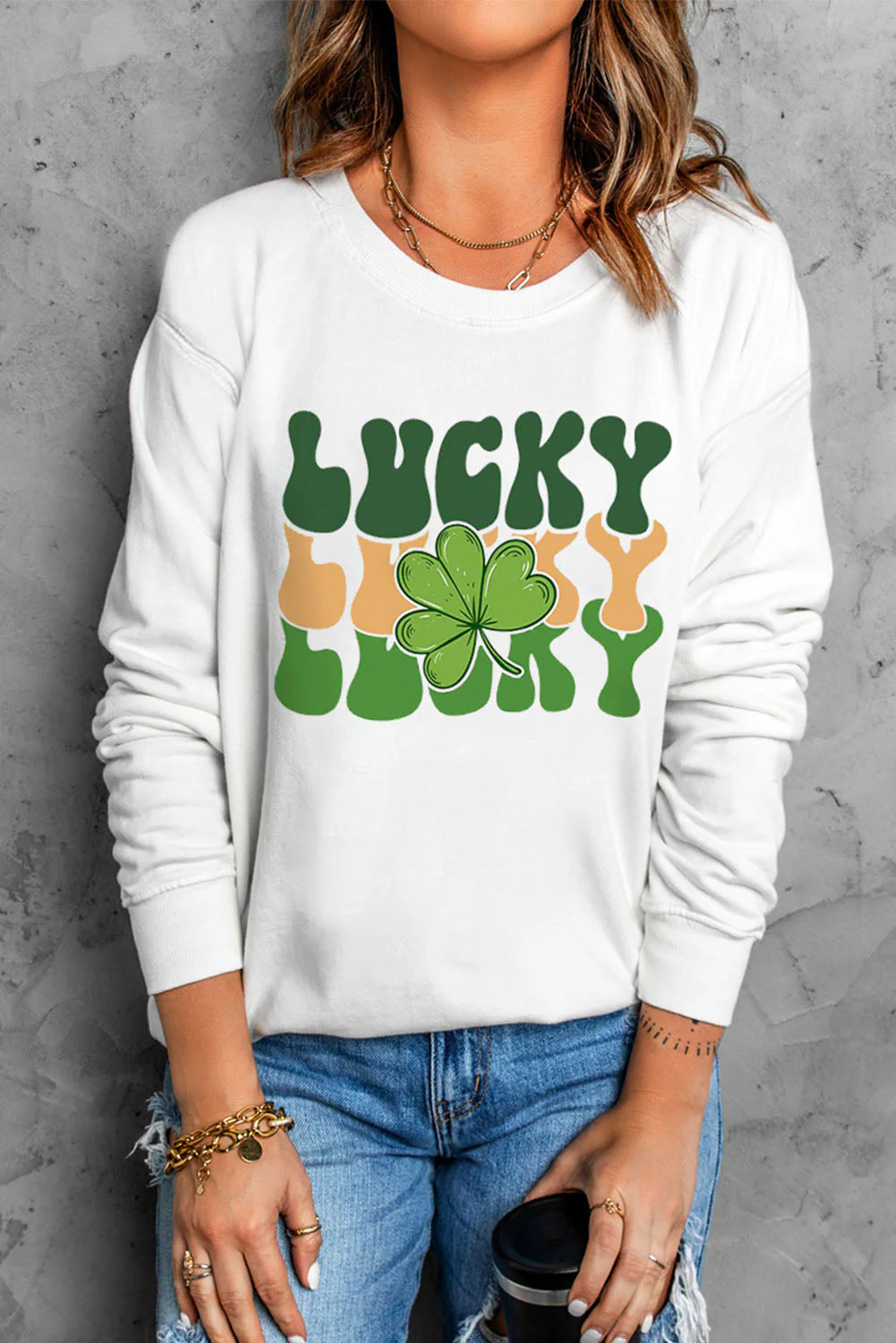 St. Patrick's Day Lucky Clover Round Neck Shift Casual sweatshirt.