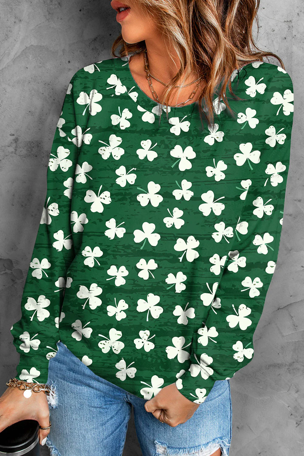 St. Patrick's Day Clover Graphic Round Neck Casual Sweatshirt.