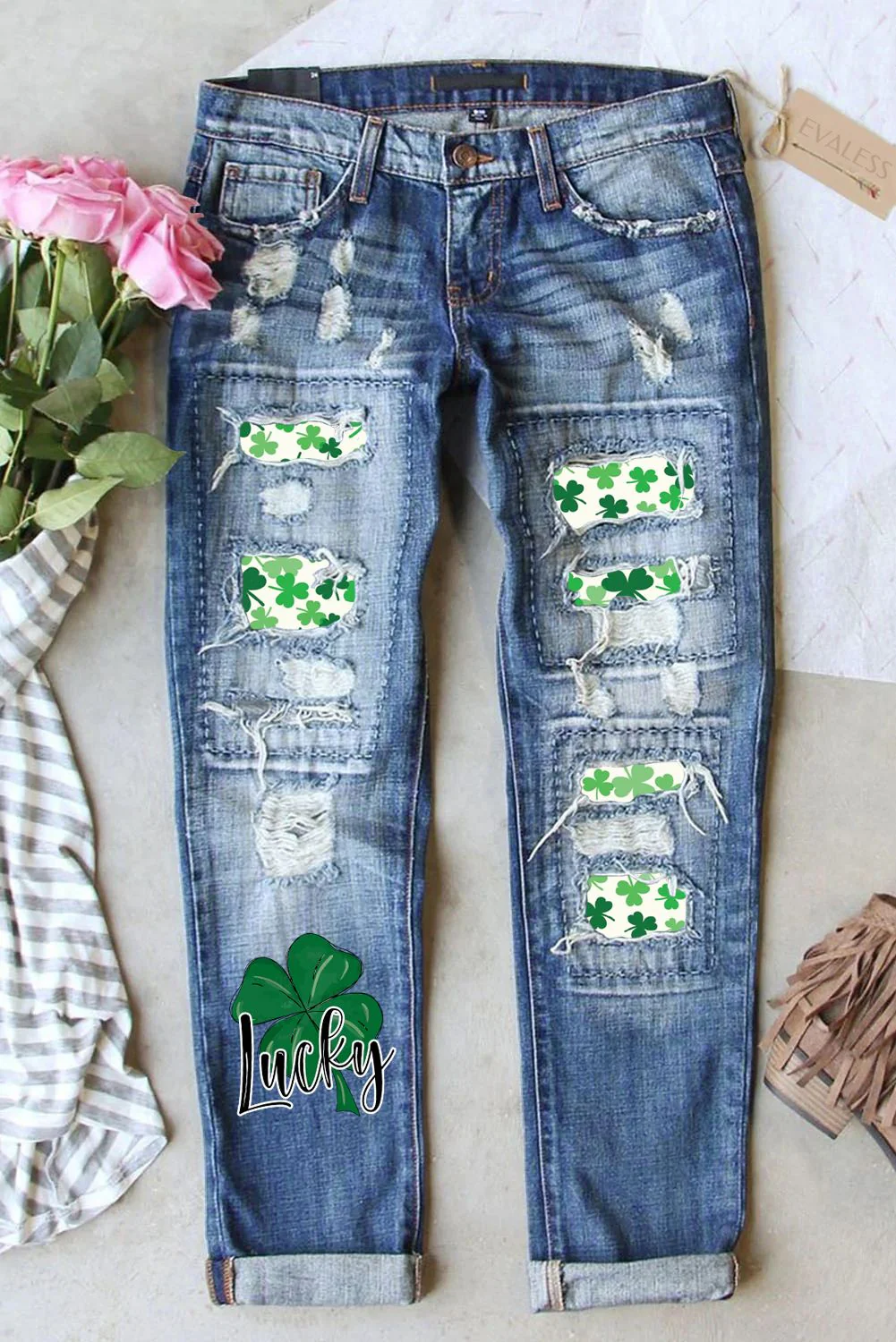 Green Clover Floral Shift Casual Ripped Jeans.