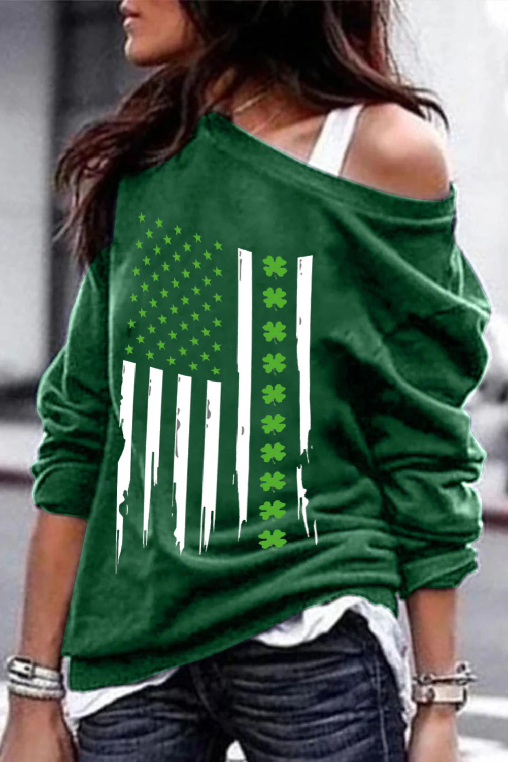 Patriotic American Flag Green Casual Long Sleeve T-shirt.