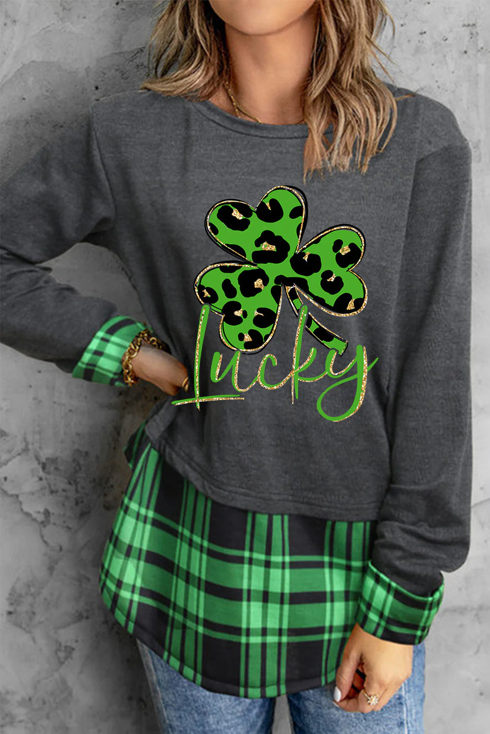 St. Patrick's Day Green Leopard Clover Patchwork Plaid Casual Sweatshirts.