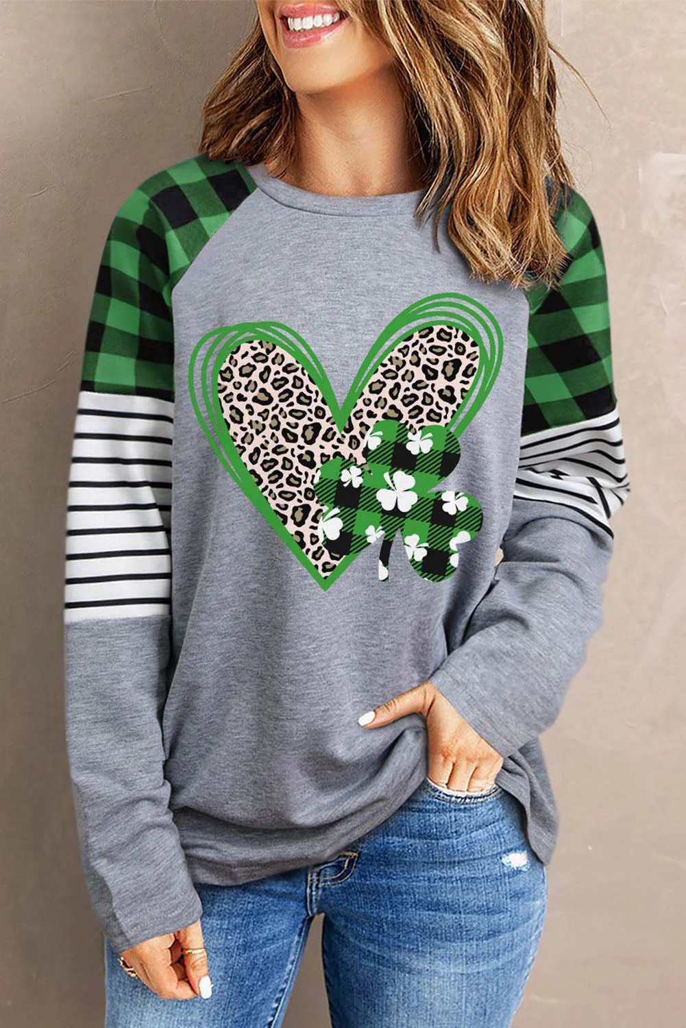 St. Patrick's Day Green Clover Striped Plaid Leopard Heart-shaped Round Neck Shift Casual sweatshirt.