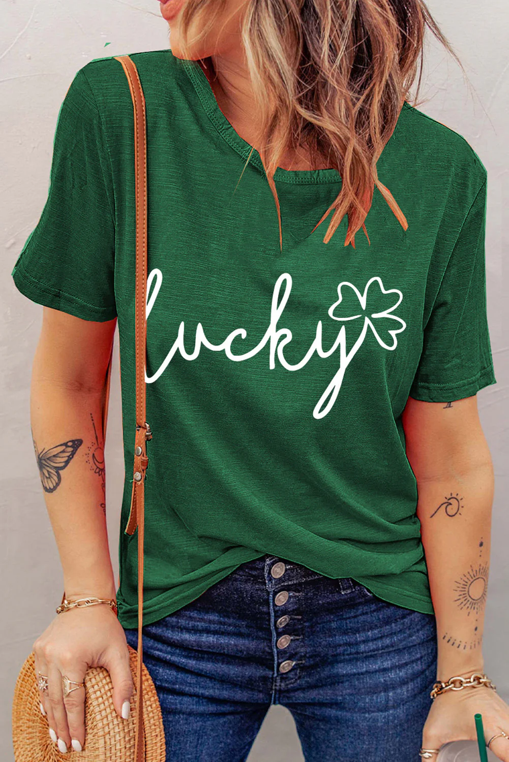 Green Lucky Print T-shirt。
