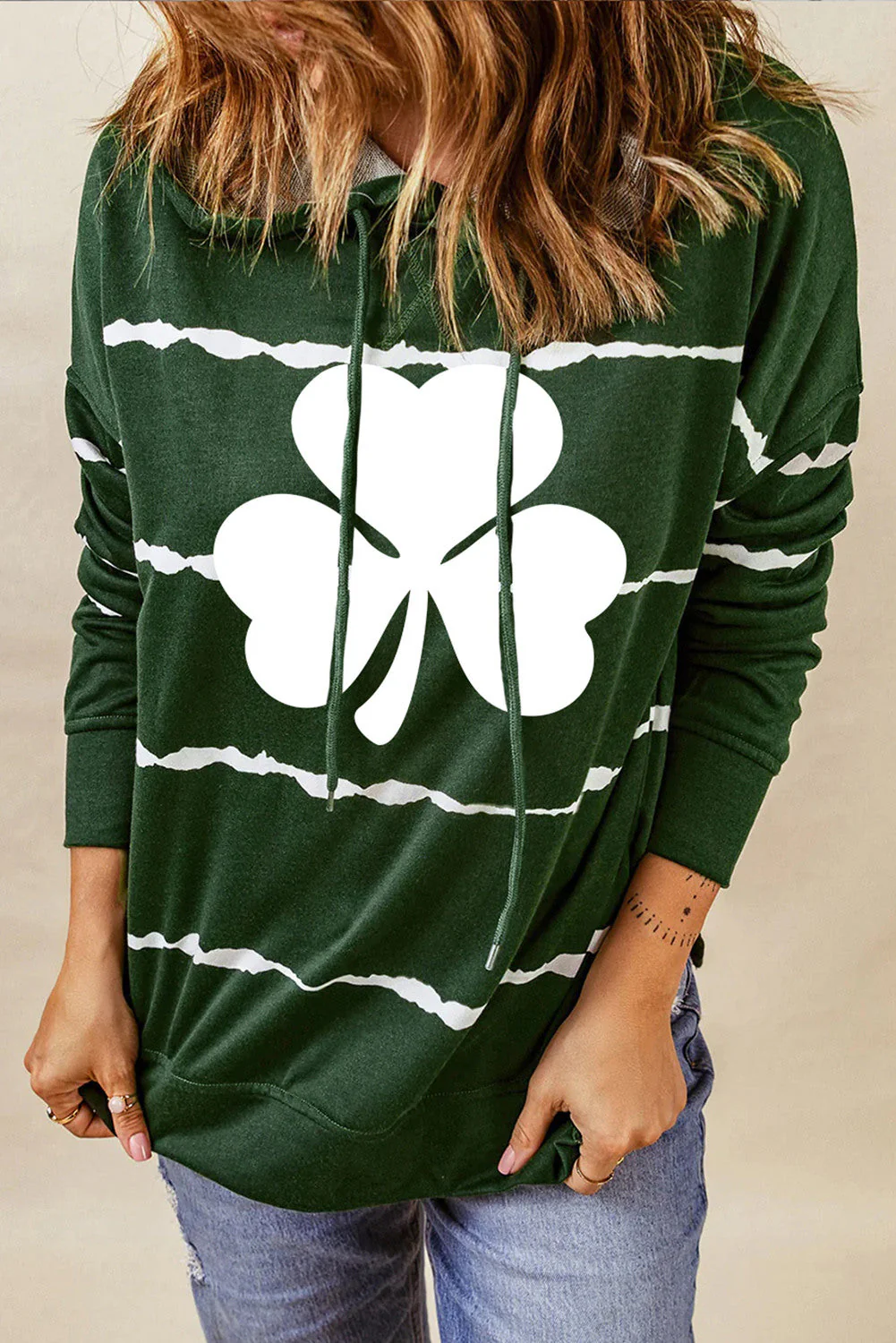 St. Patrick's Day Clover Striped Split Drawstring Hooded Shift Casual Hoodie.