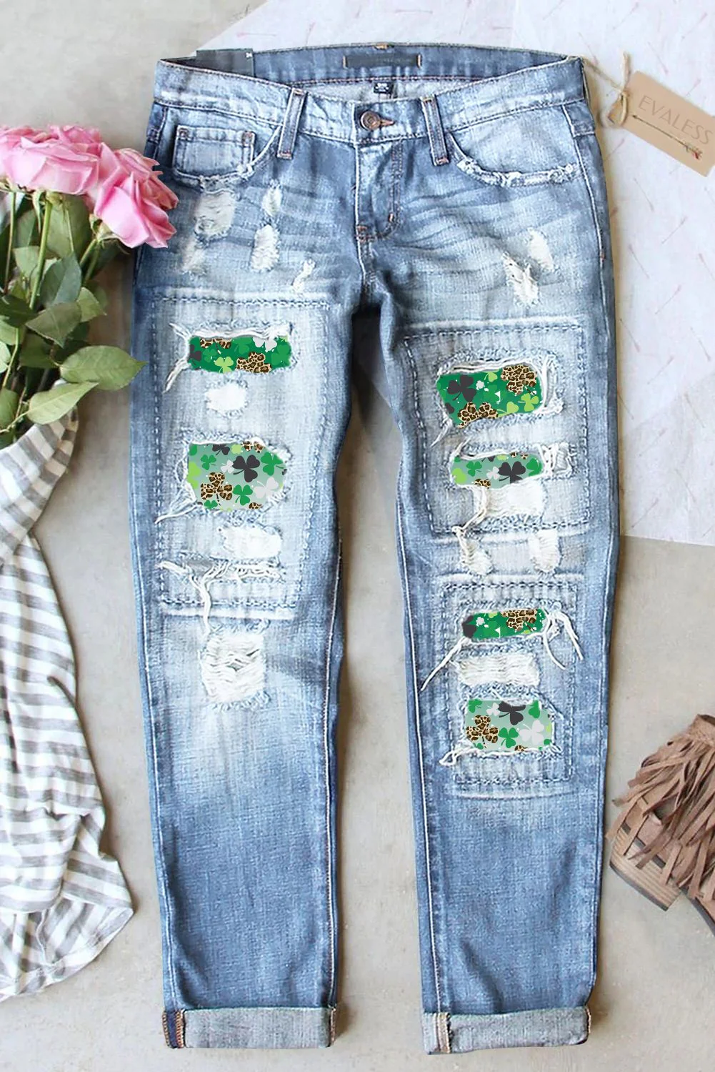 St. Patrick's Day Clover Graphic Casual Mid Waist Ripped Jeans.