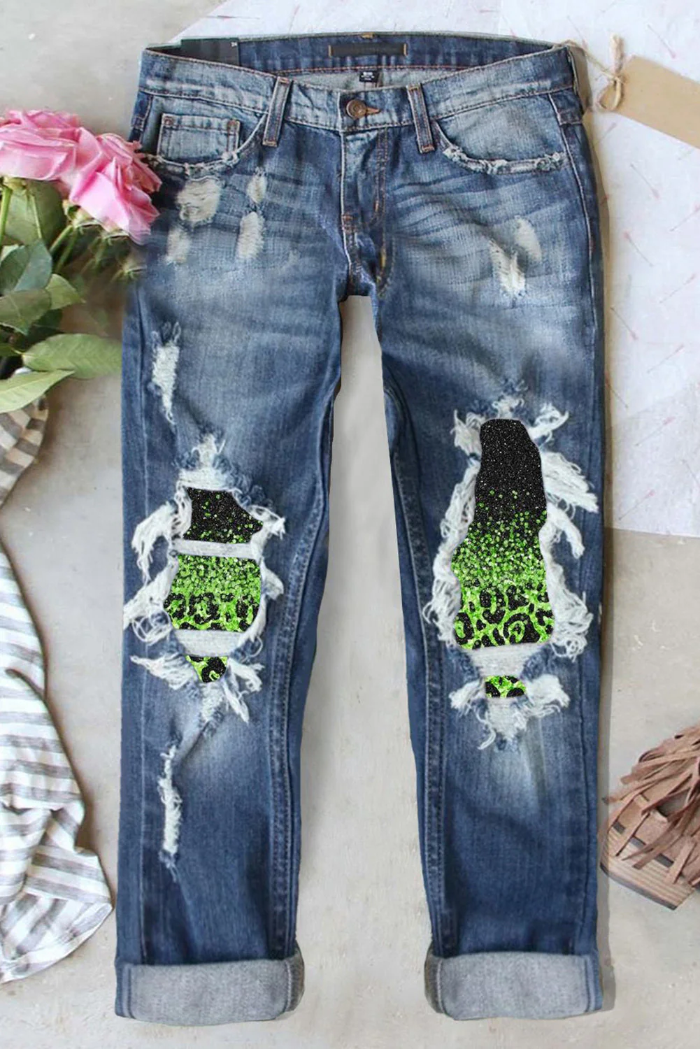 Green Raw Hem Cut-out Casual Denim Jeans.