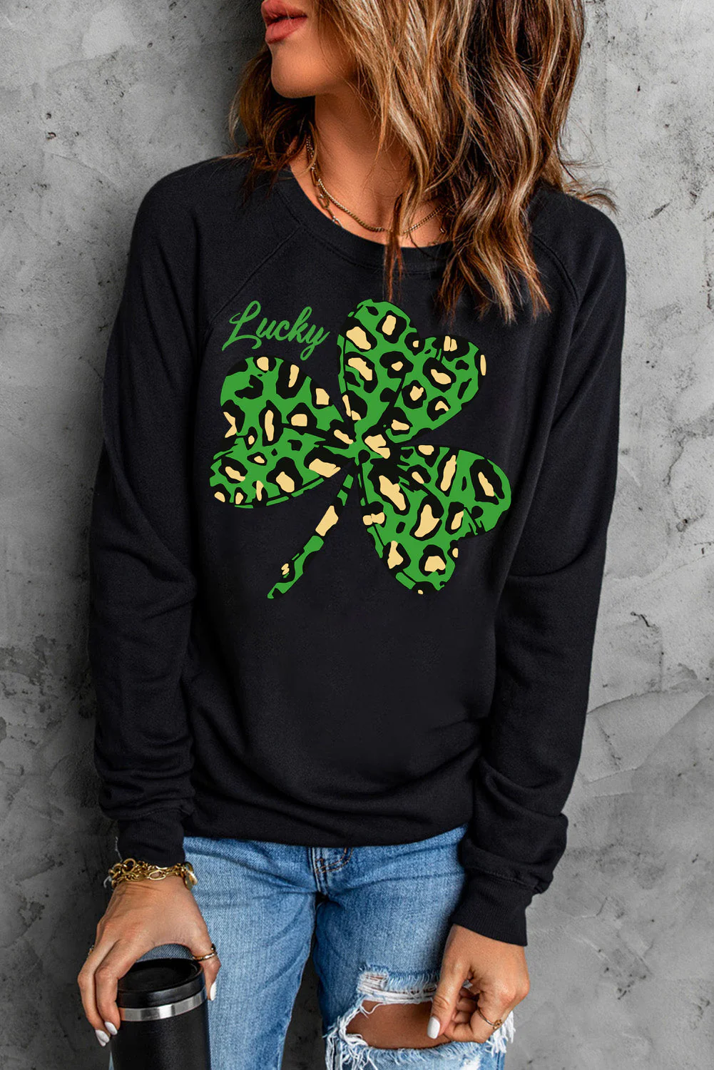Leopard Patrick's Day Clover Sweatshirt Black.