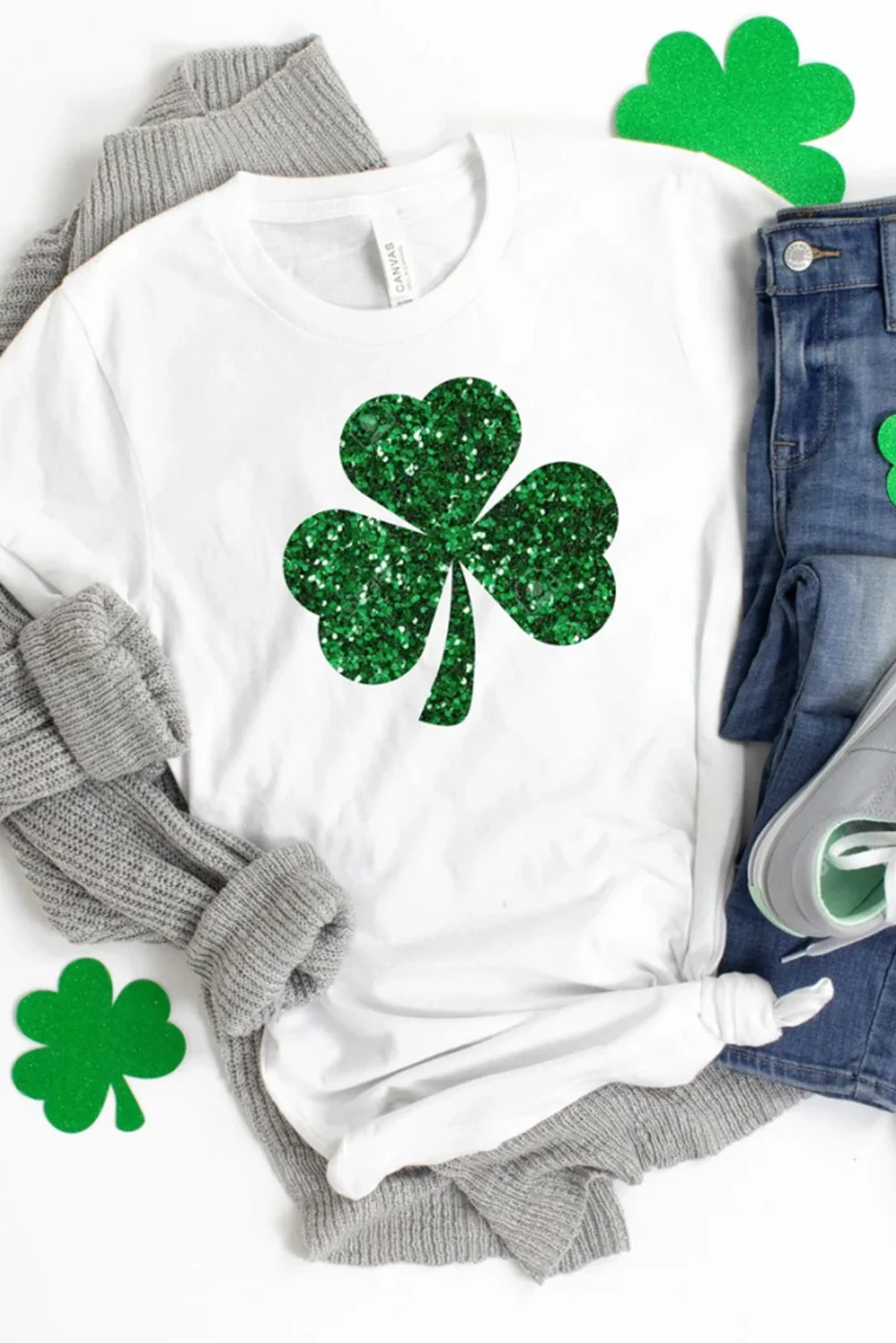 St. Patrick's Day Clover Graphic Round Neck Casual T-Shirts。