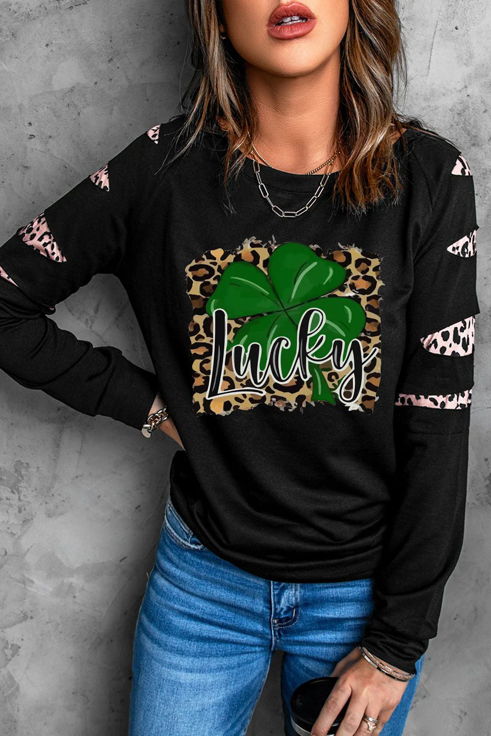 Casual Leopard One Shoulder Sweatshirt Black.
