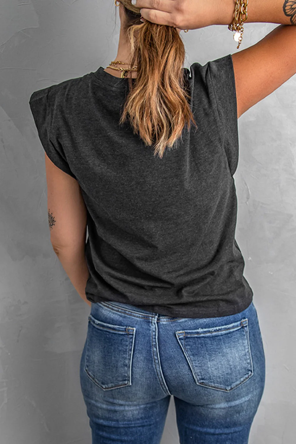 Grey Casual Cap Sleeve Big Lips Printing T-shirt。