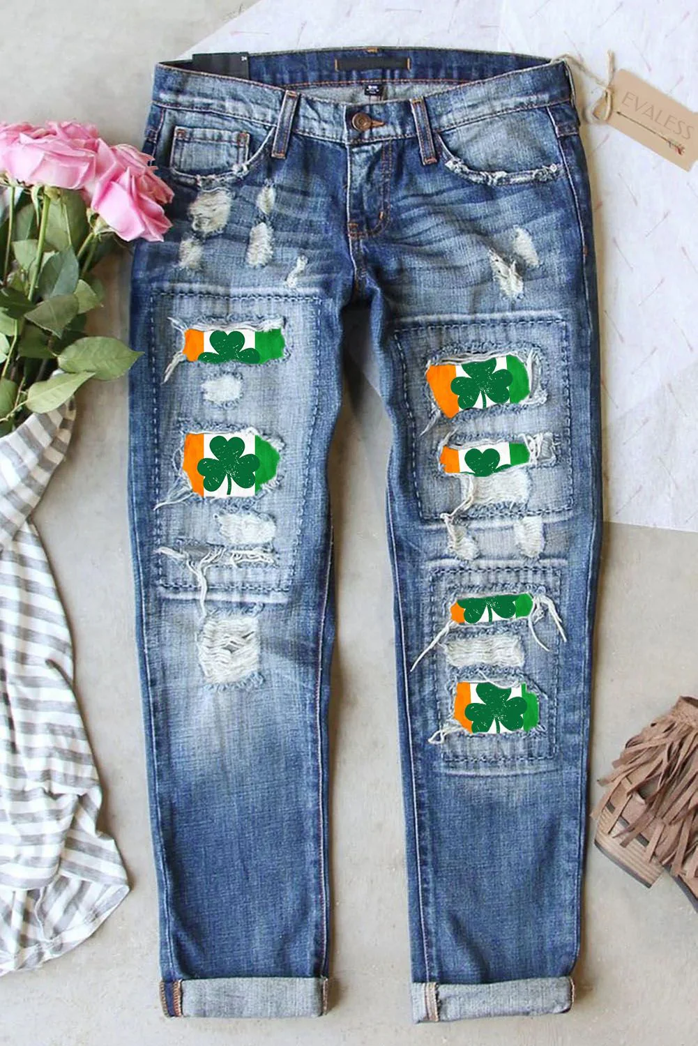 Multicolor Shamrock Graphic Ripped Casual Denim Jeans.