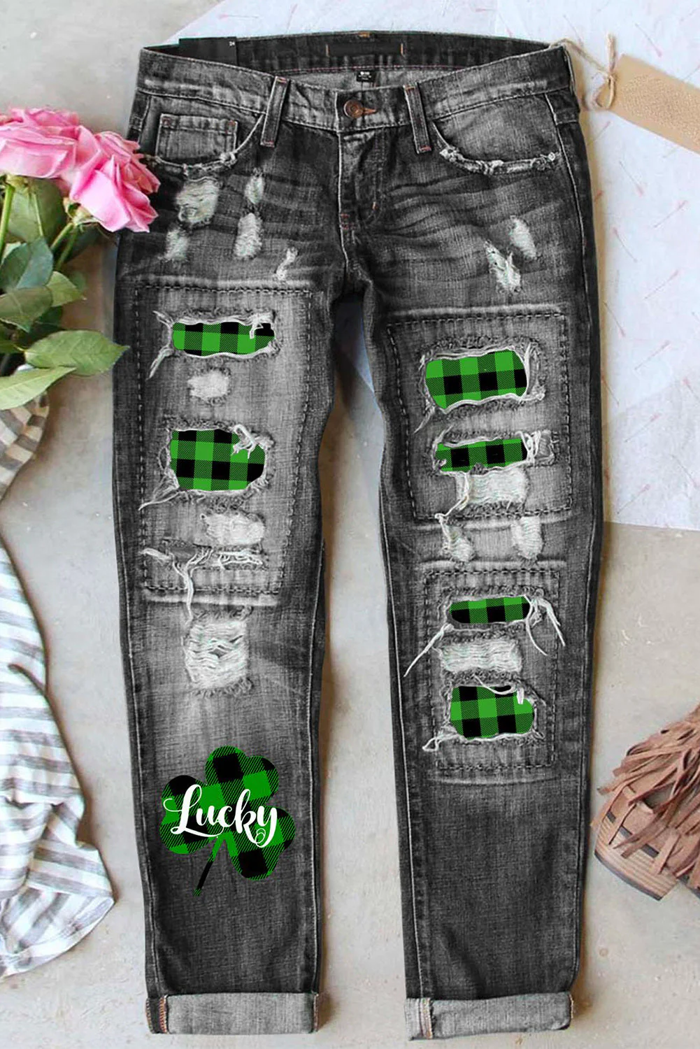 Green Clover Floral Green Shift Casual Ripped Jeans