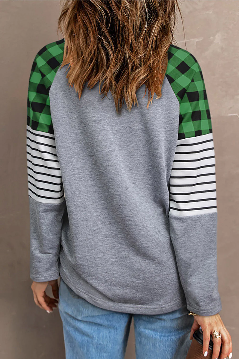St. Patrick's Day Clover Striped Plaid Round Neck Shift Casual Sweatshirt.