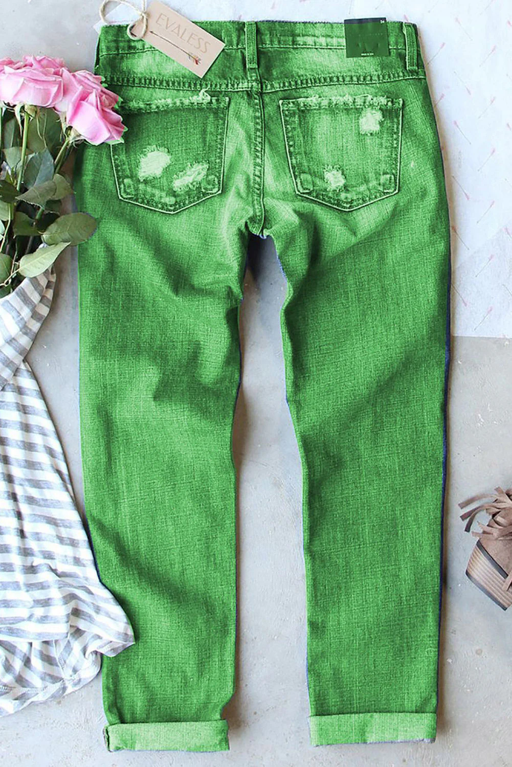 Green Leopard Graphic Ripped Casual Denim Jeans.