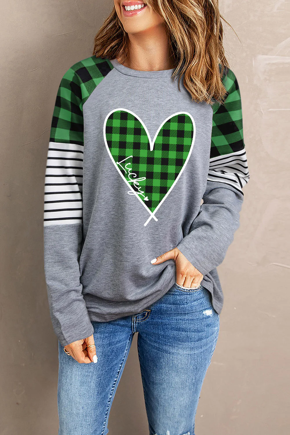 Green Plaid Love Print Sweatshirt.