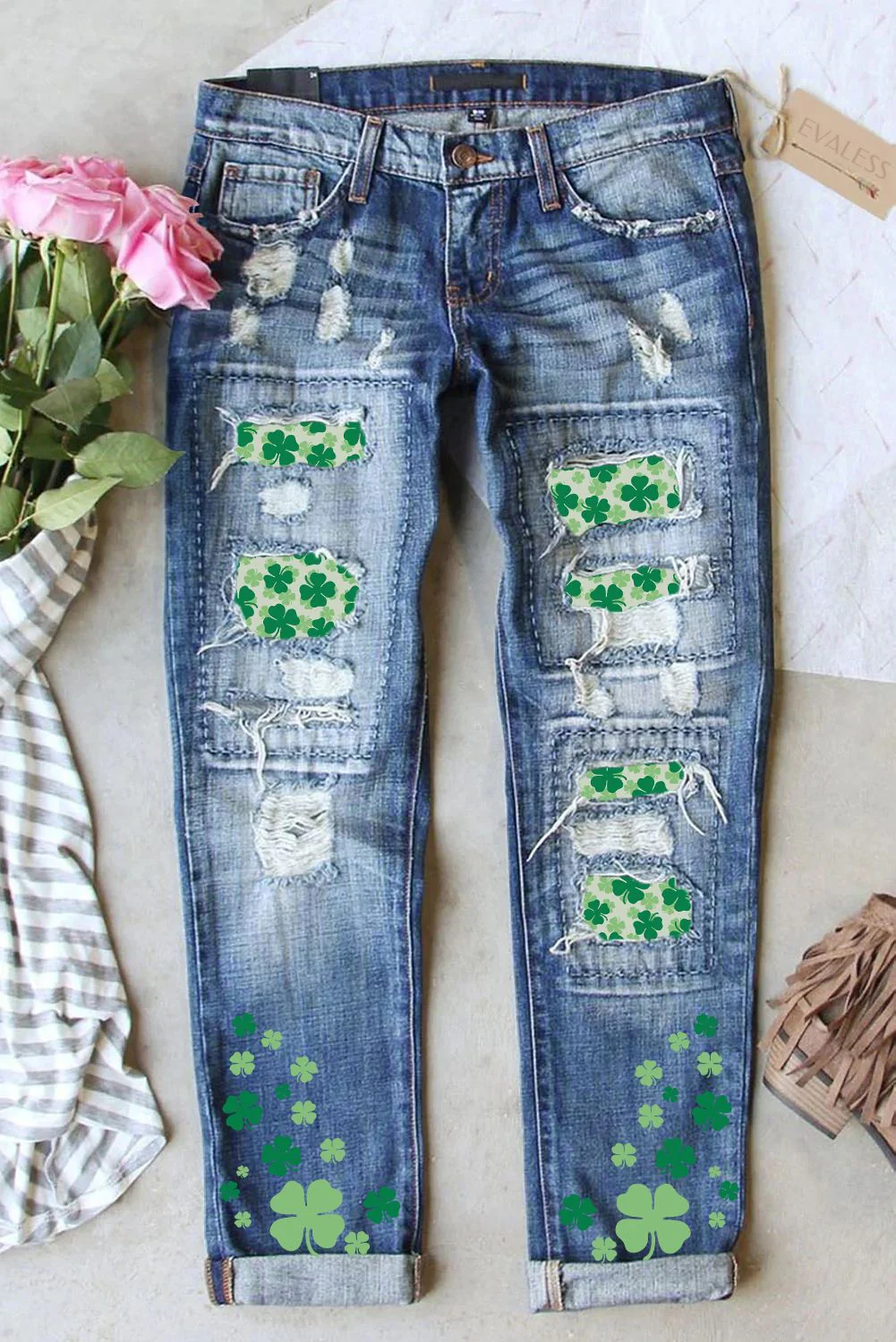 Saint Patrick's Day Shamrock Ripped Casual Jeans.