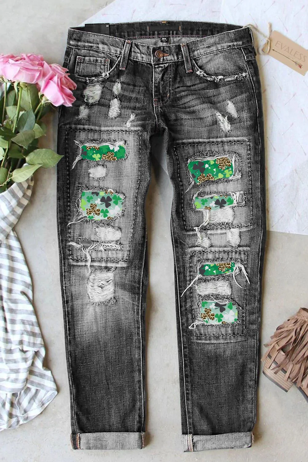 St. Patrick's Day Clover Graphic Casual Mid Waist Ripped Jeans.
