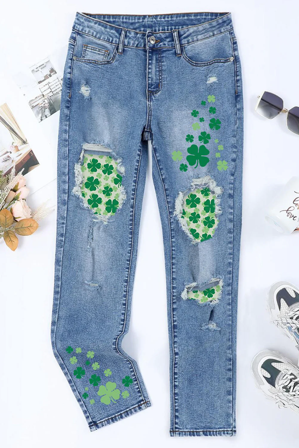 St. Patrick's Day Clover Shift Casual Ripped Jeans。