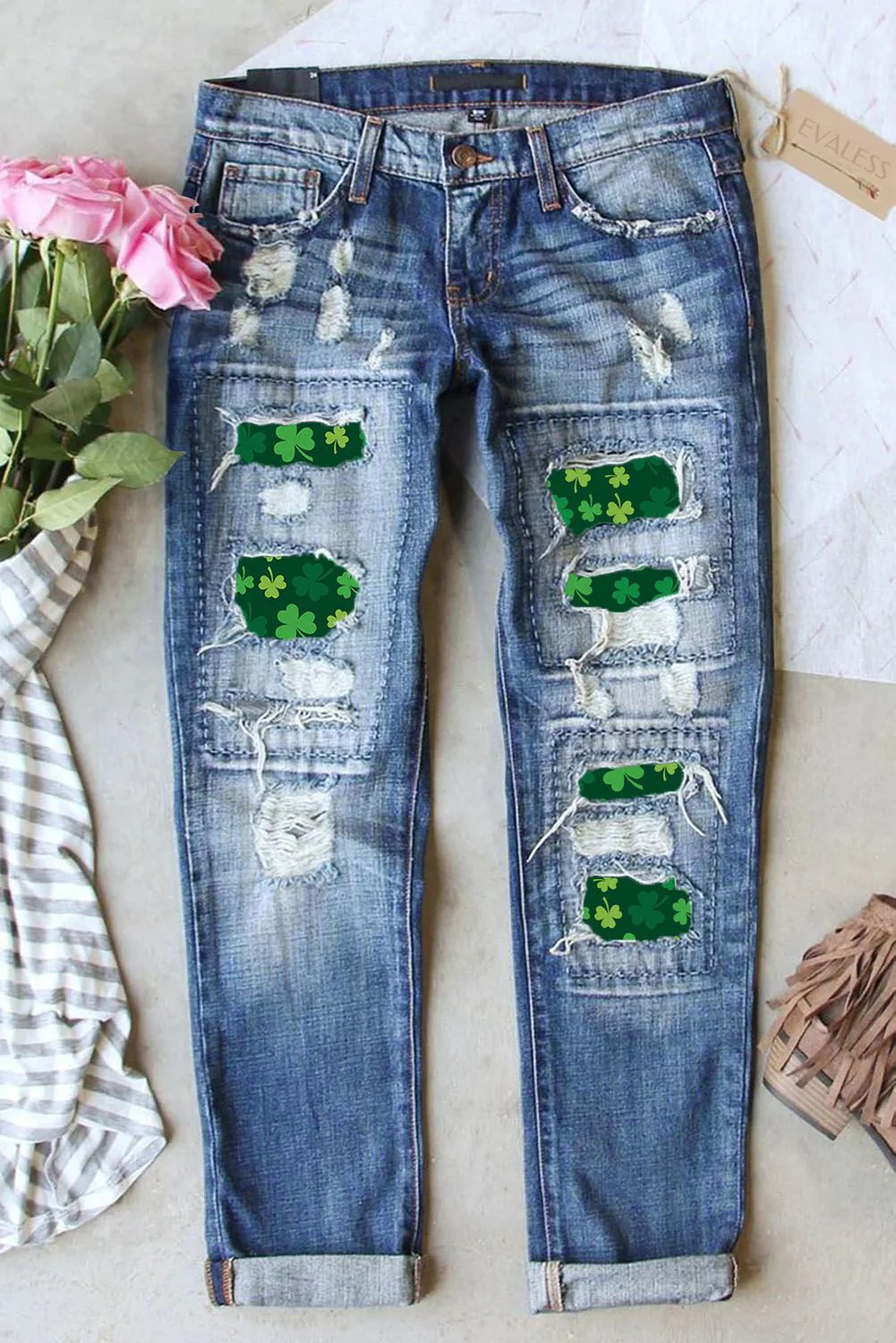St. Patrick's Day Shamrock Graphic Casual Ripped Denim Jeans.