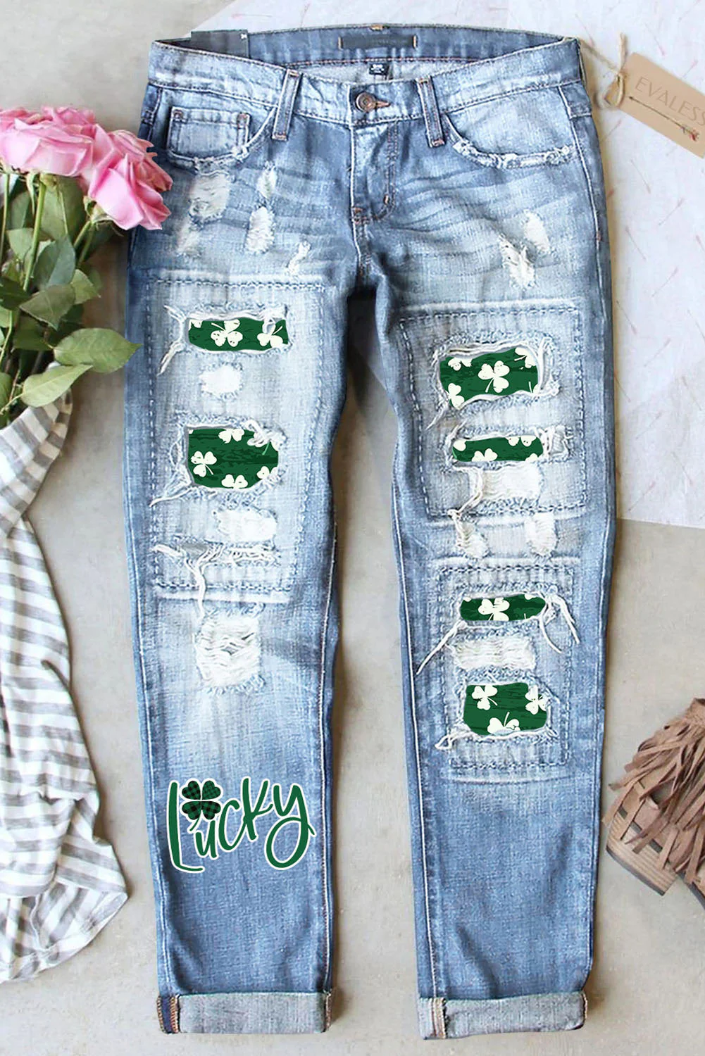 St. Patrick's Day Lucky Clover Ripped Casual Denim Jeans.