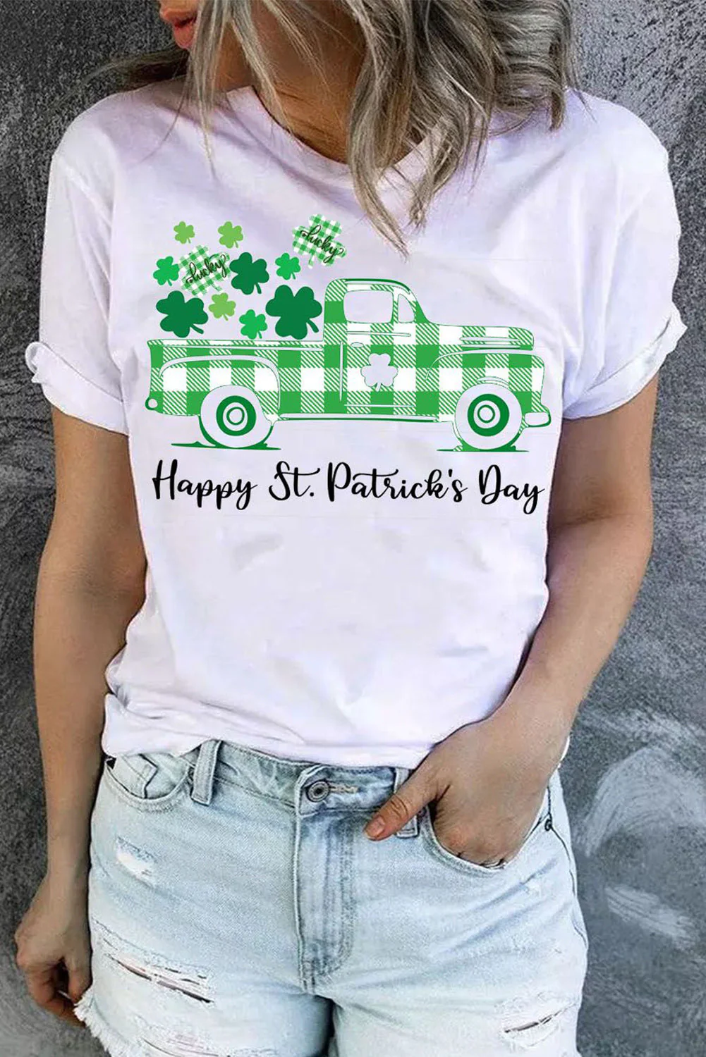 Shamrock Clover Solid Round Neck Casual T-Shirts。