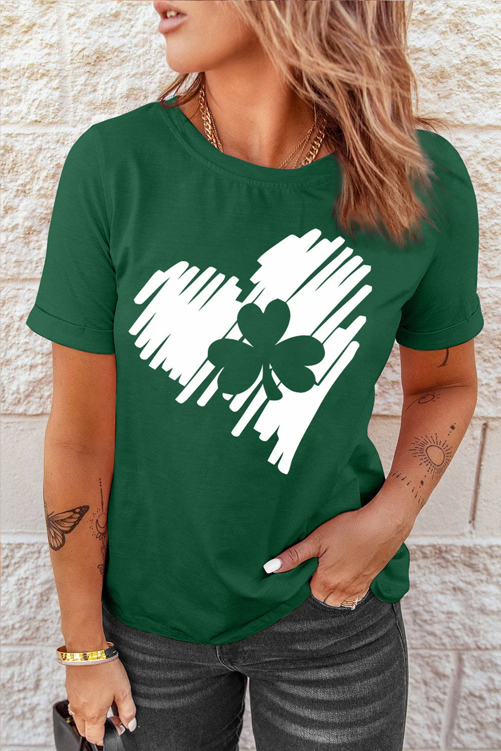 Shamrock  Solid Heart-shaped Round Neck Casual T-Shirts。