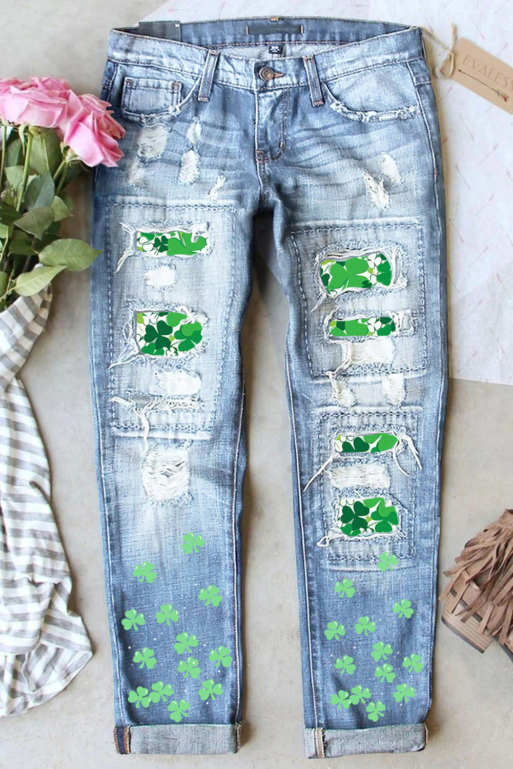 St. Patrick's Day Clover Casual Denim Ripped Jeans。