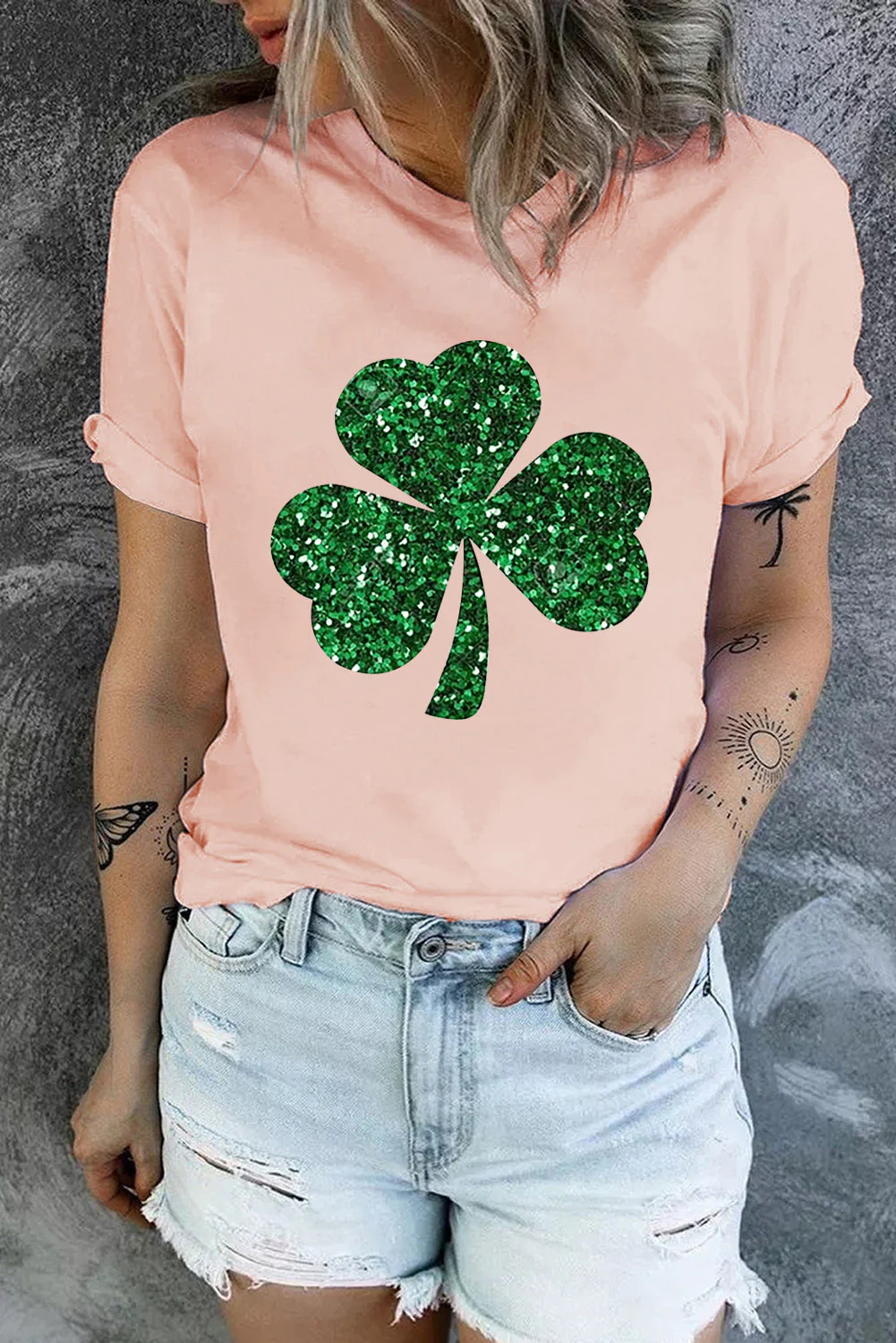 St. Patrick's Day Clover Graphic Round Neck Casual T-Shirts。