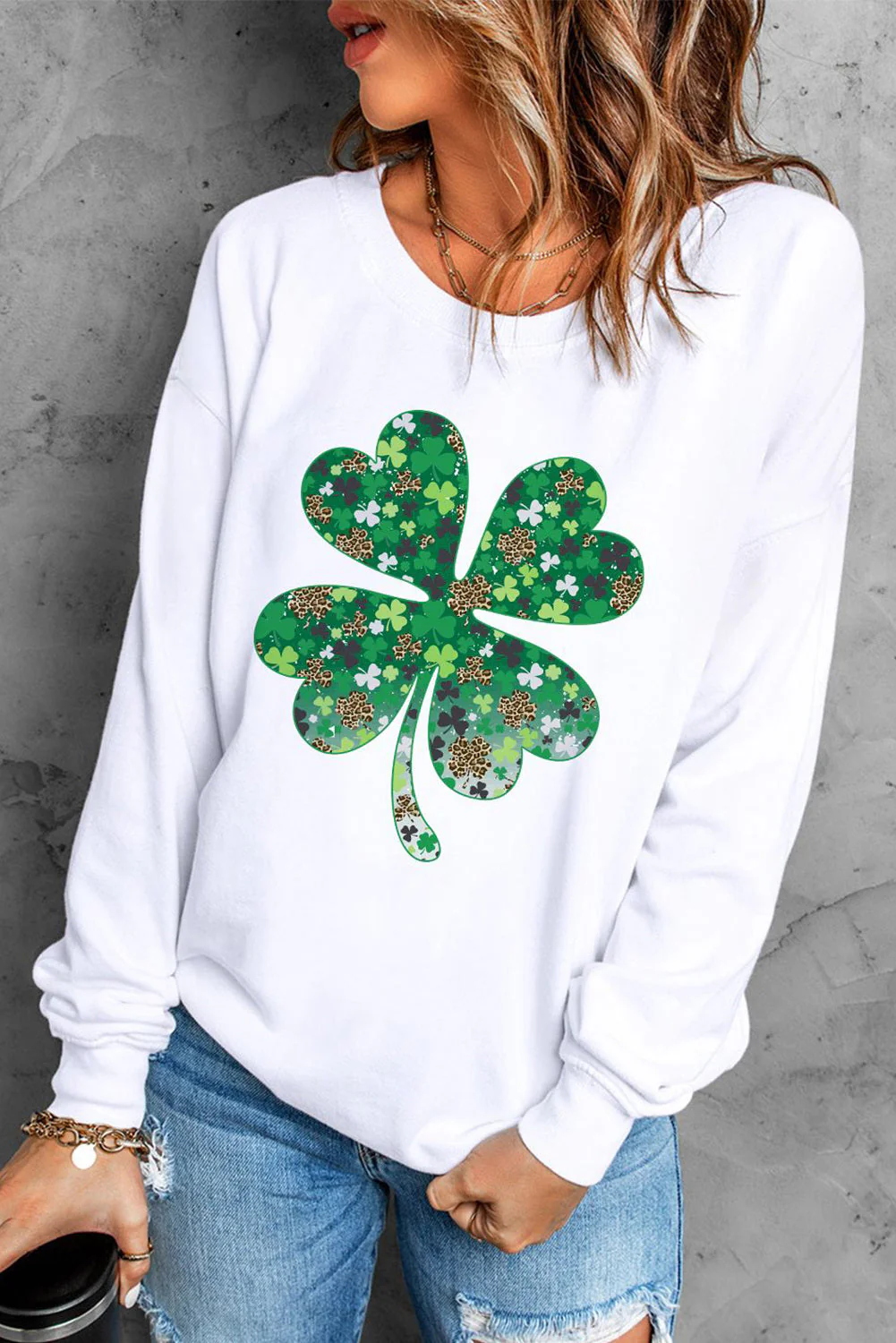 St. Patrick's Day Clover Graphic Round Neck Shift Casual Sweatshirts.
