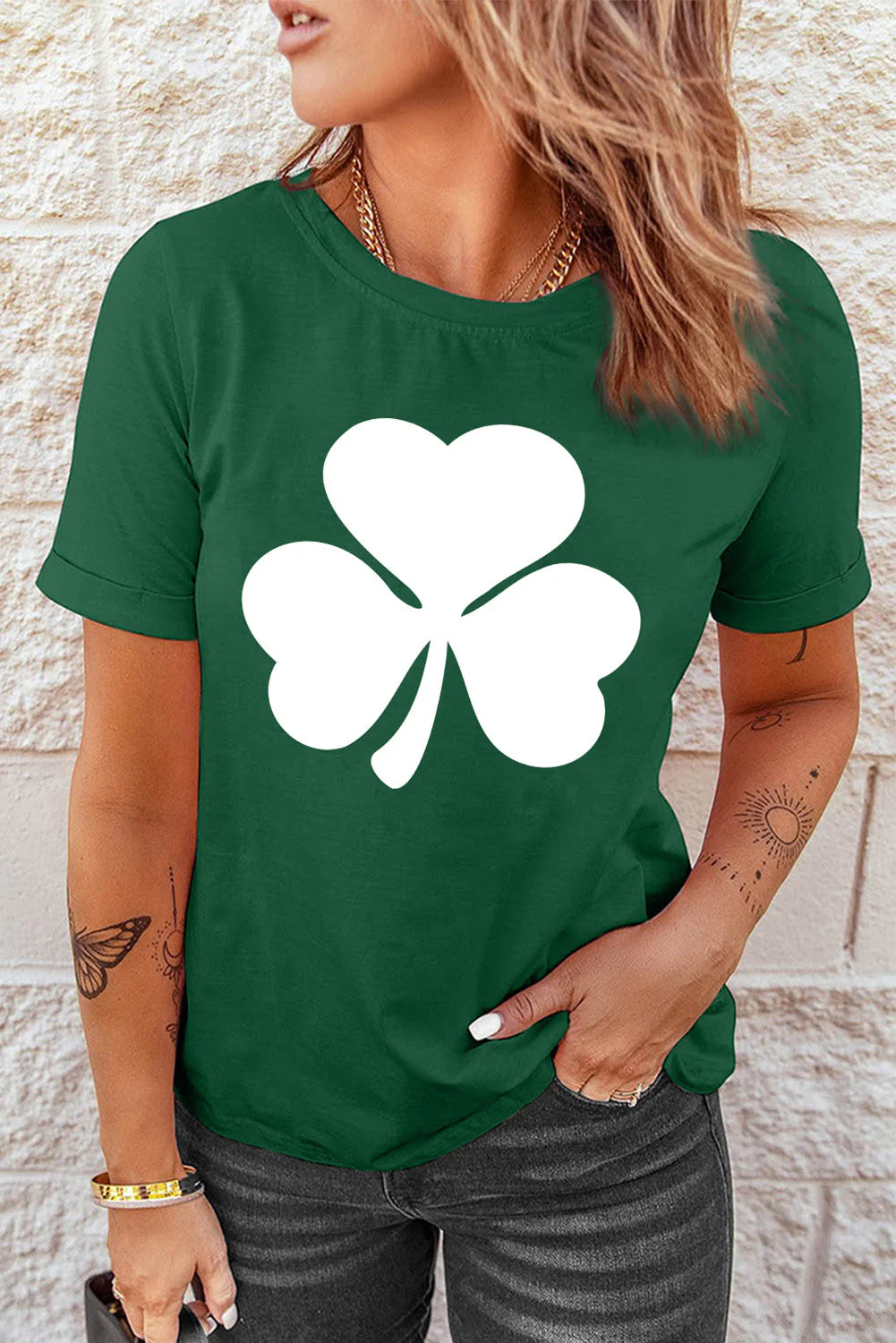 St. Patrick's Day Clover Round Neck Shift Casual T-Shirts。