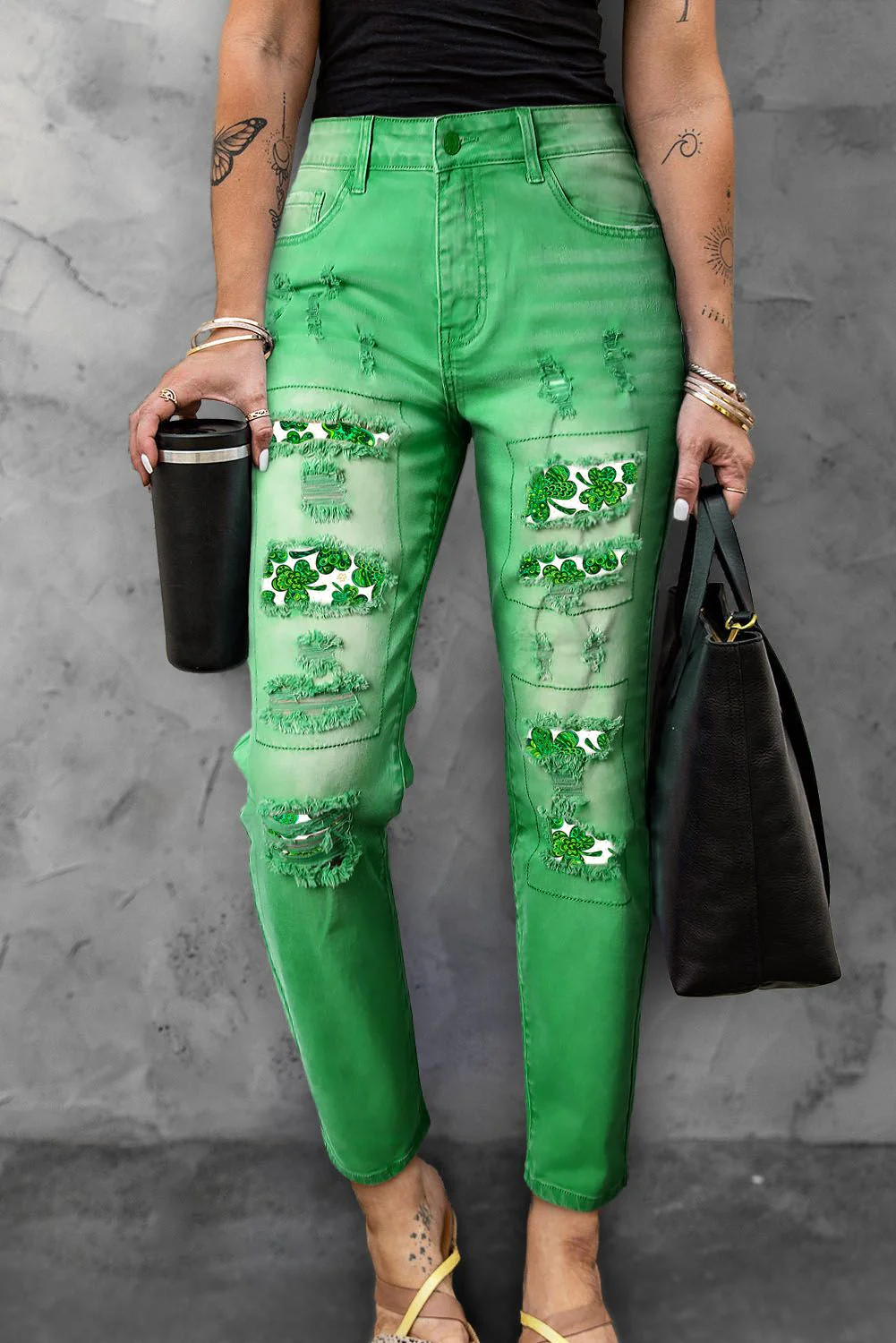 St. Patrick's Day Green Shamrock Graphic Casual Ripped Jeans.