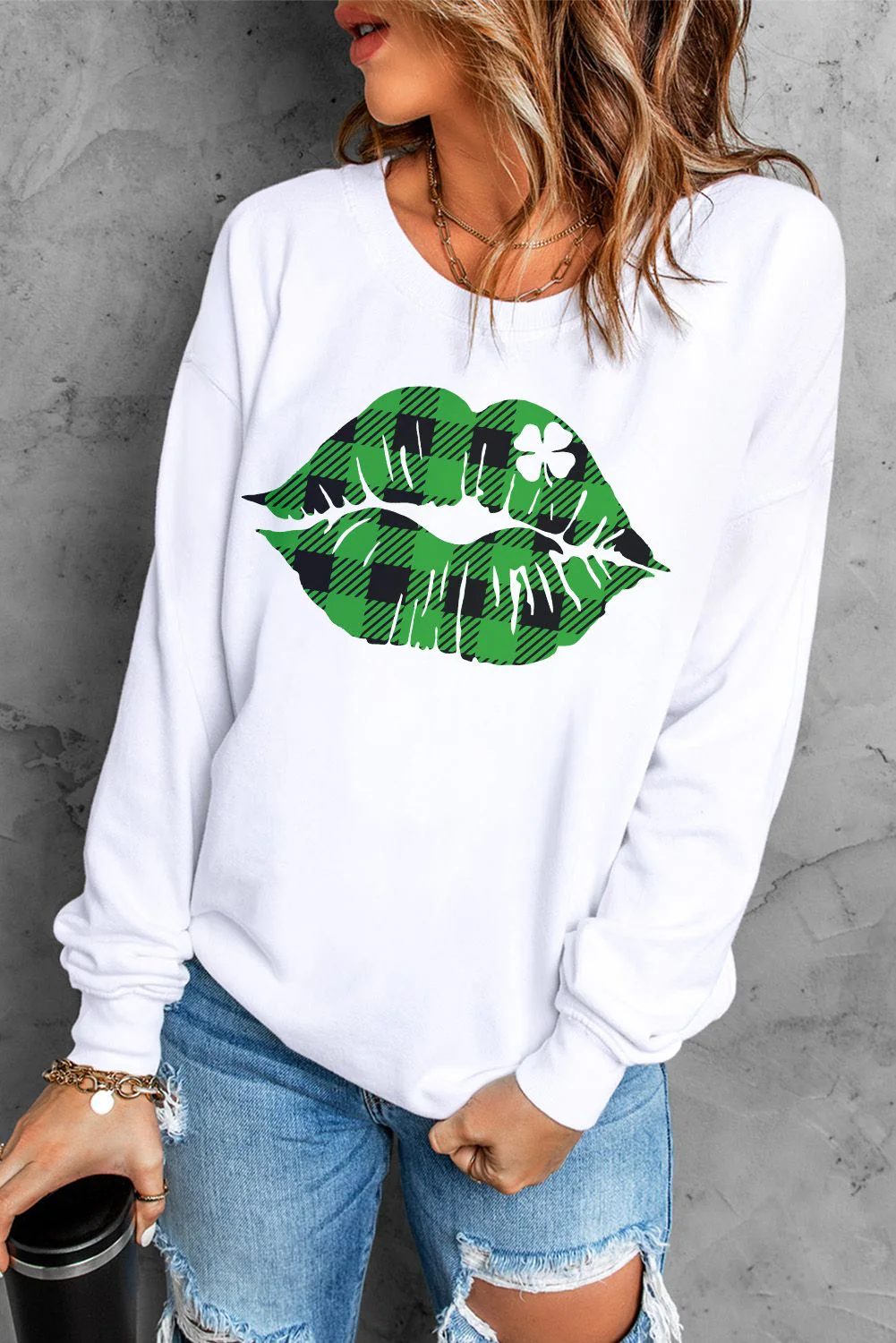 White Plaid Casual Sweatshirt.