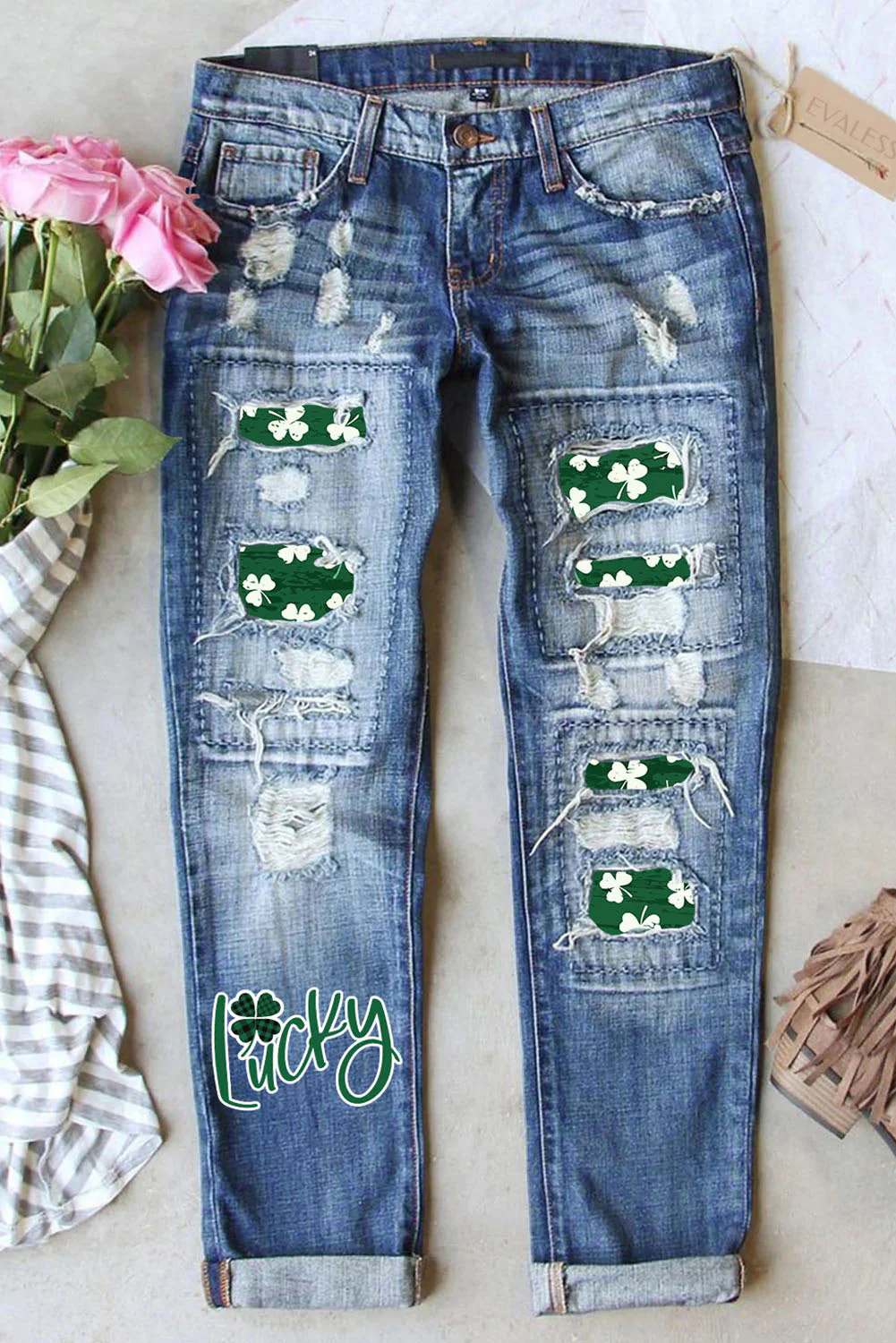 St. Patrick's Day Lucky Clover Ripped Casual Denim Jeans.