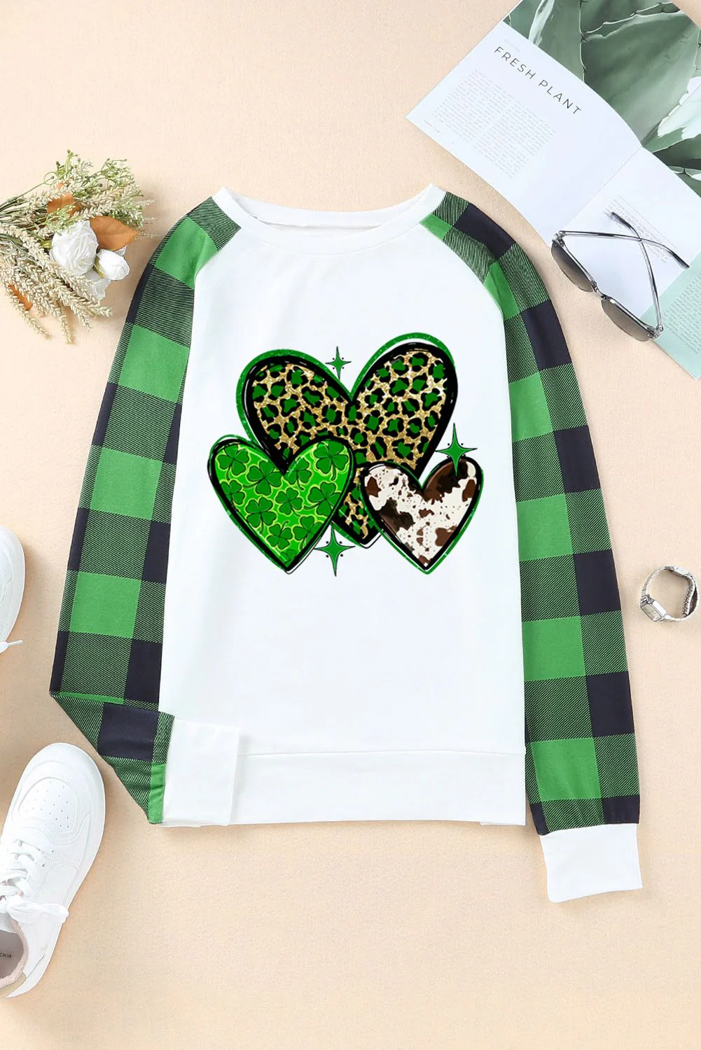 St. Patrick's Day Clover Plaid Heart-shaped Round Neck Shift Casual sweatshirt.