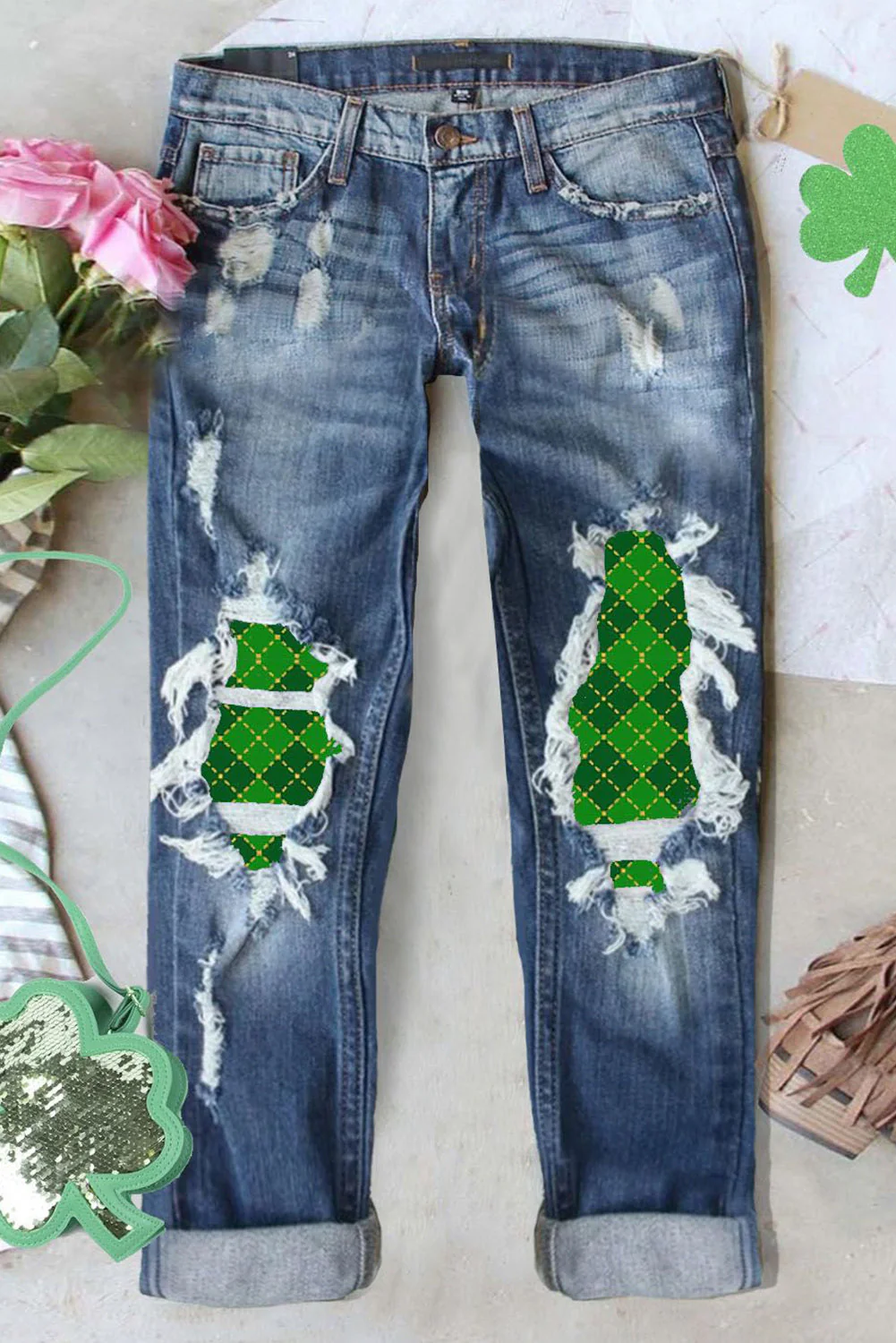 St. Patrick's Day Plaid Ripped Raw Hem Cut-out Shift Casual Jeans.