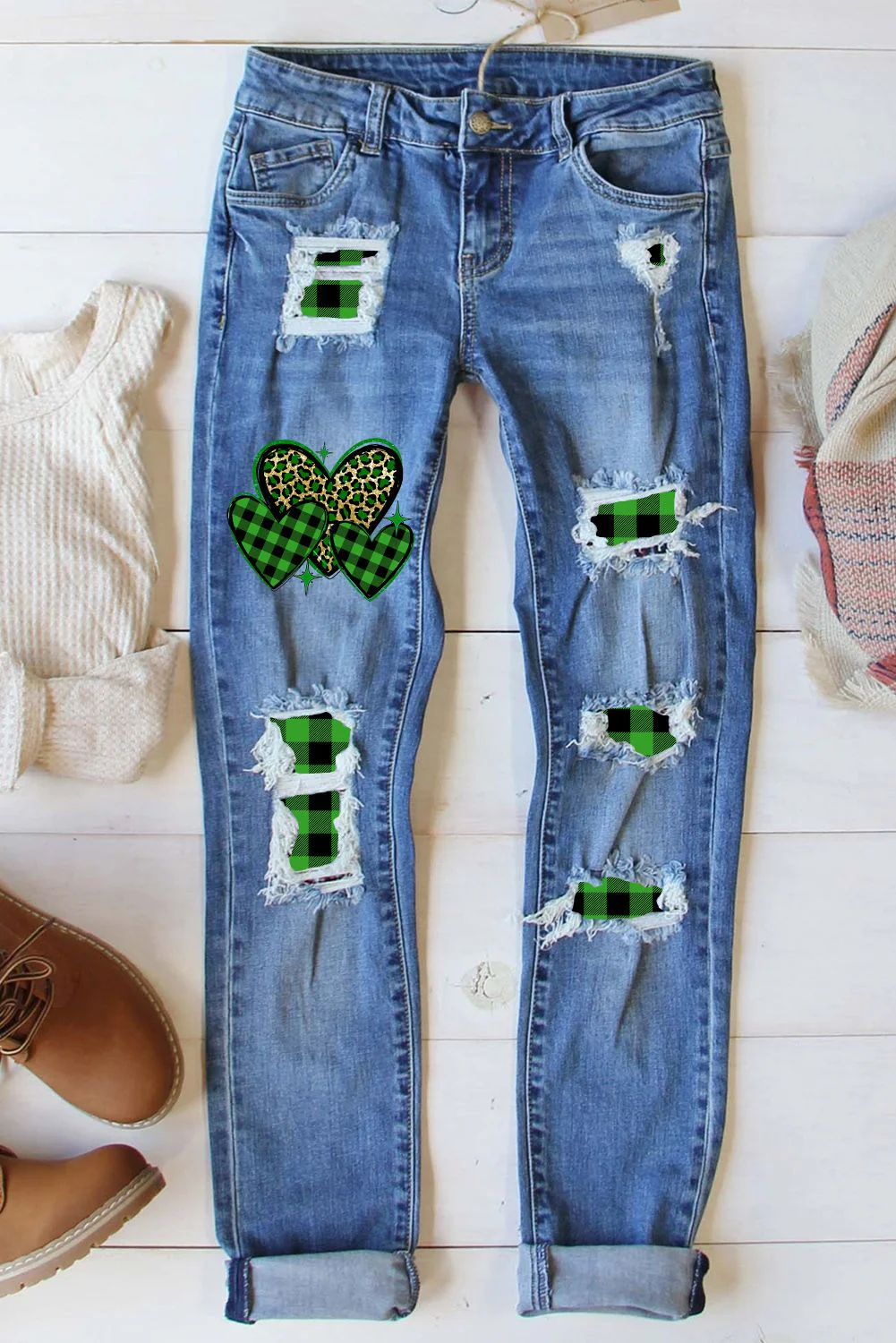 Green Leopard Casual Jeans。
