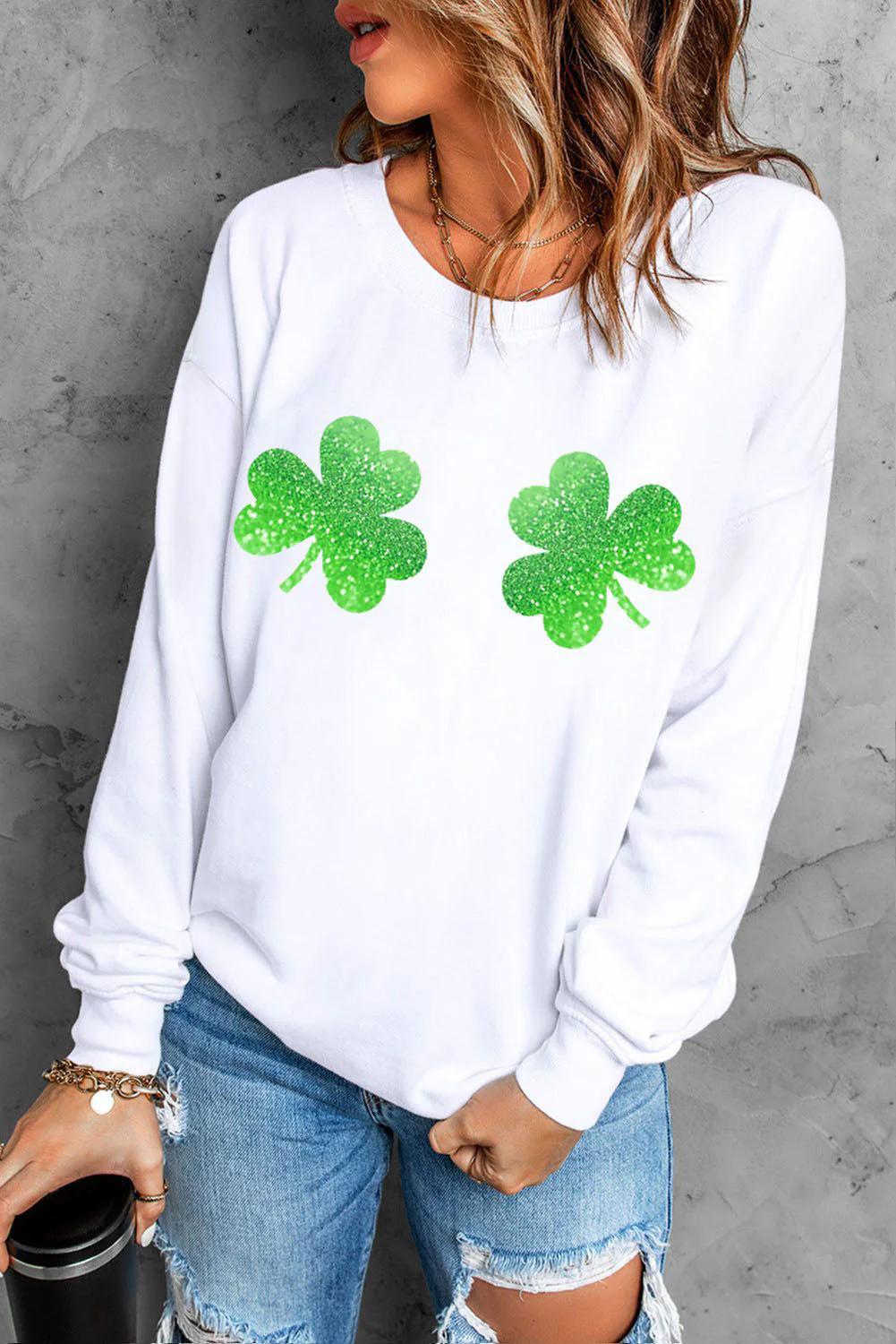 Shamrock Clover Round Neck Casual Pullover Sweatshirt.