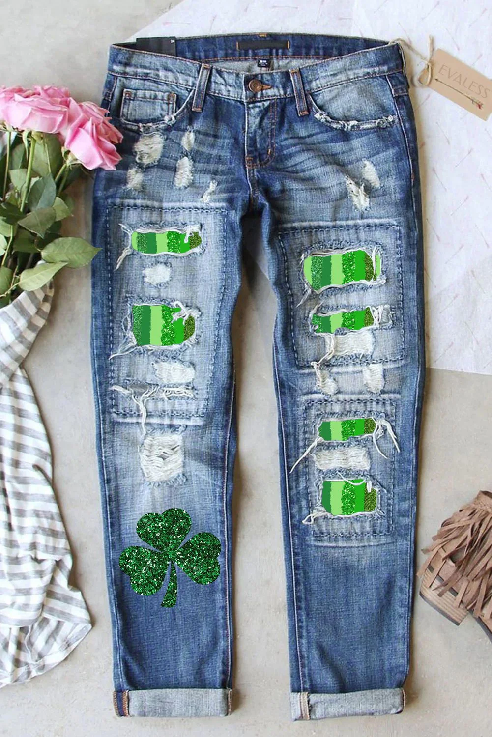 Shamrock Clover Solid  Casual Denim Jeans。