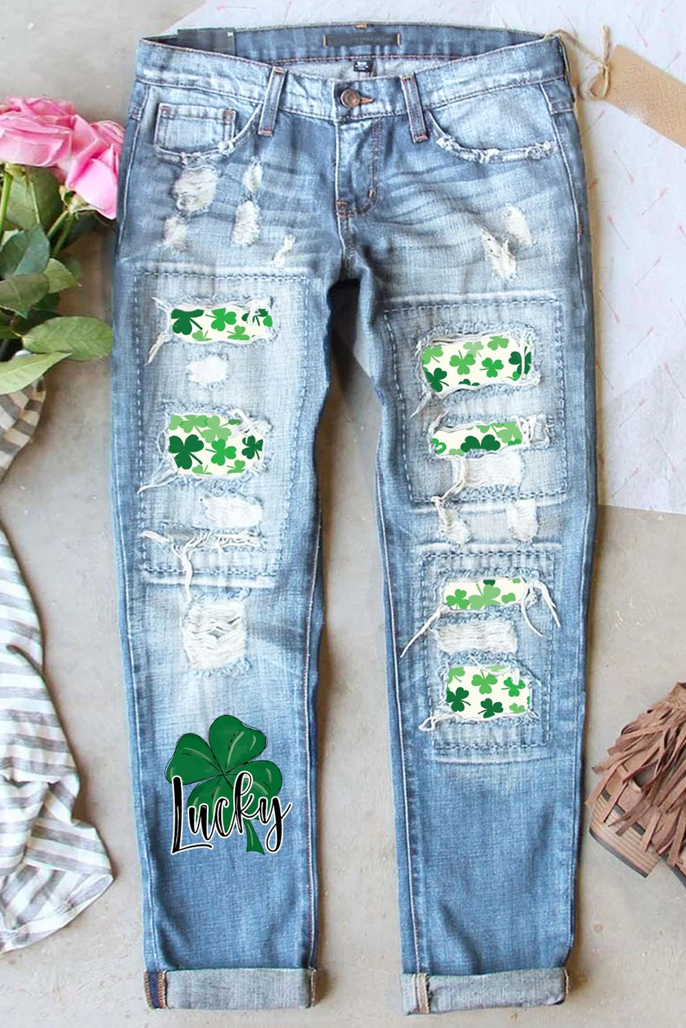 Green Clover Floral Shift Casual Ripped Jeans.