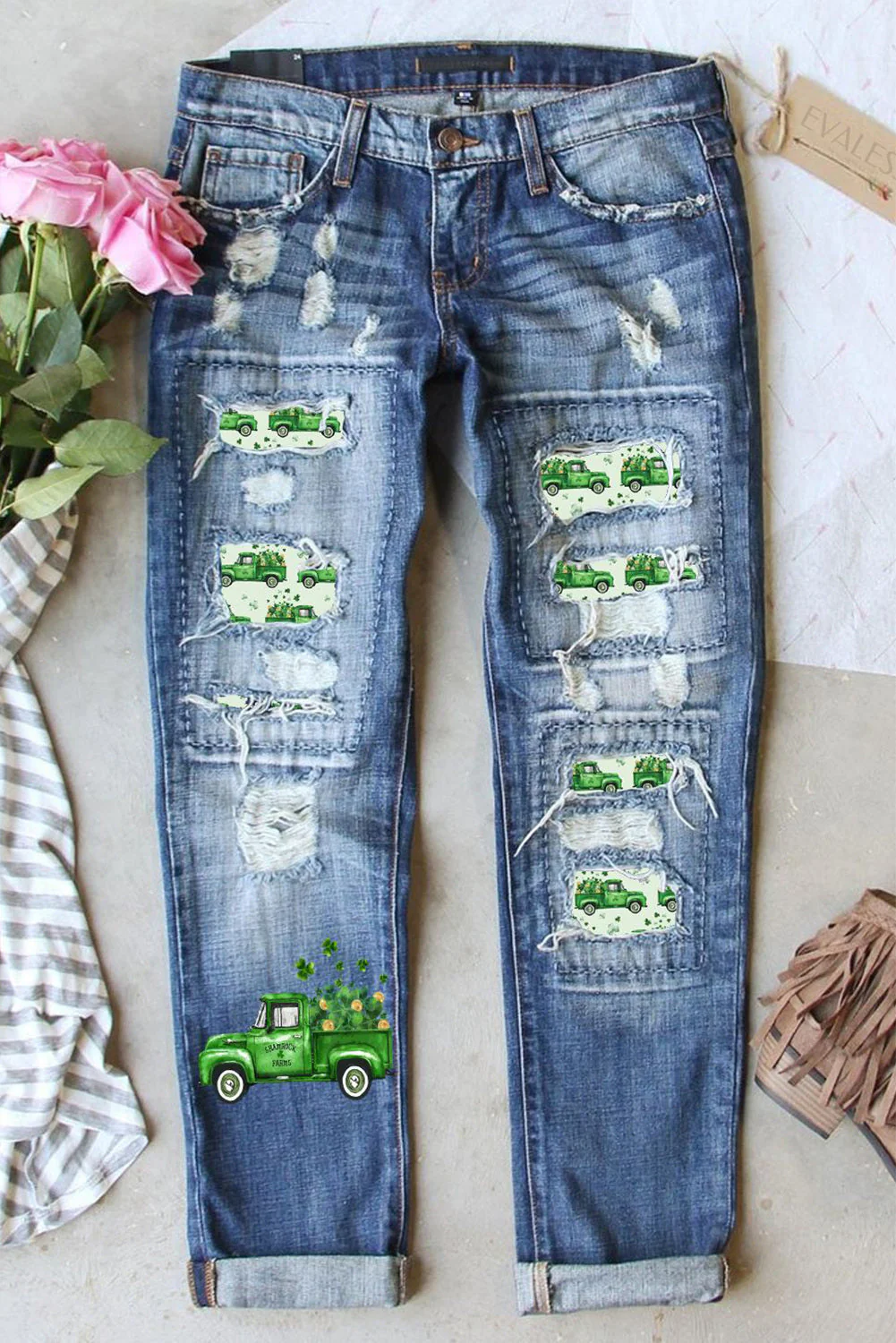 St. Patrick's Day Green Clover Shift Casual Ripped Jeans.