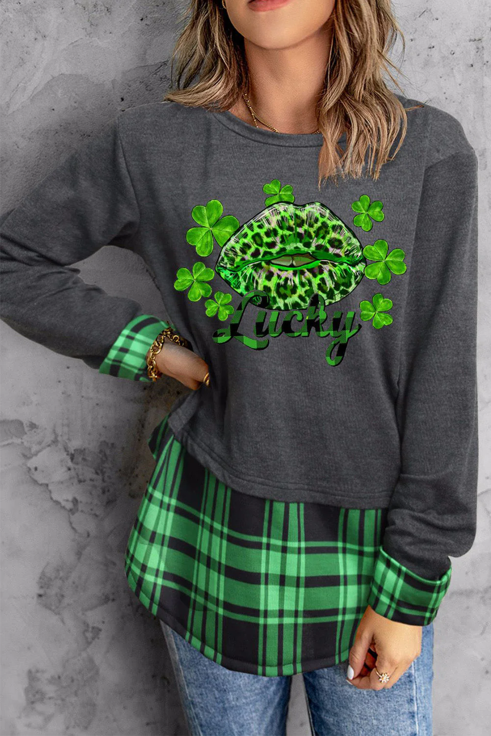 St. Patrick's Day Green Plaid Cotton Sweatshirt.