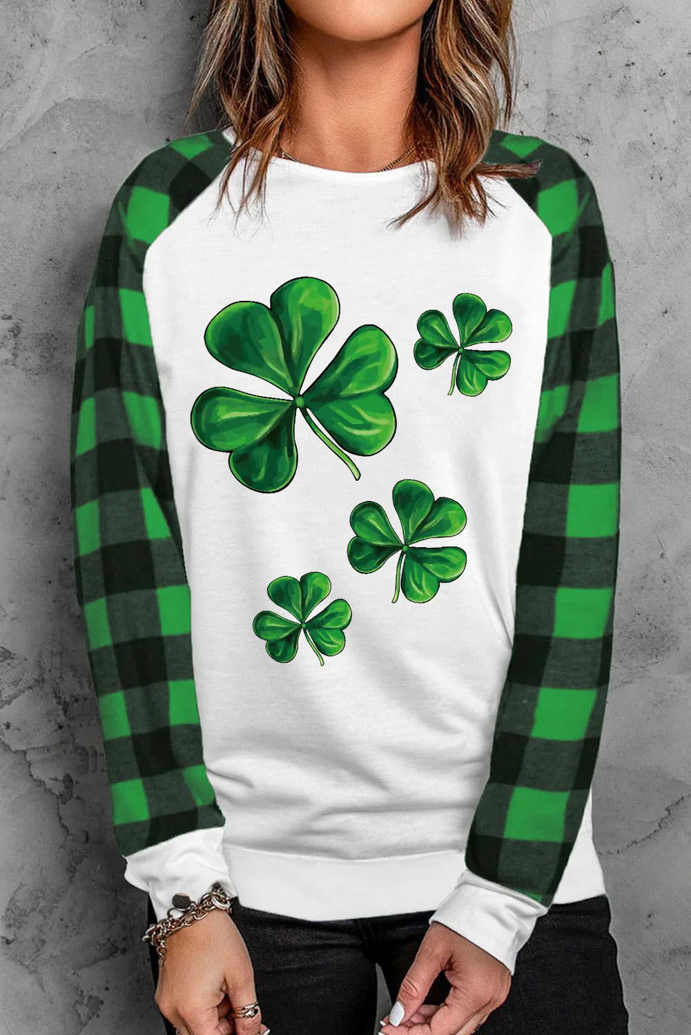 St. Patrick's Day Shamrock Graphic Plaid Round Neck Sweatshirt.