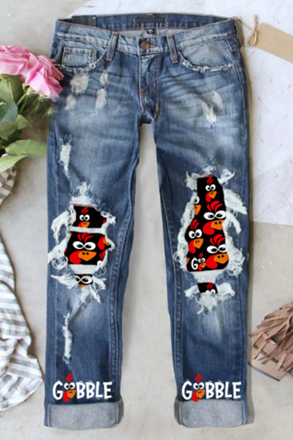 GOBBLE Turkey Thanksgiving Shift Casual Ripped Jeans