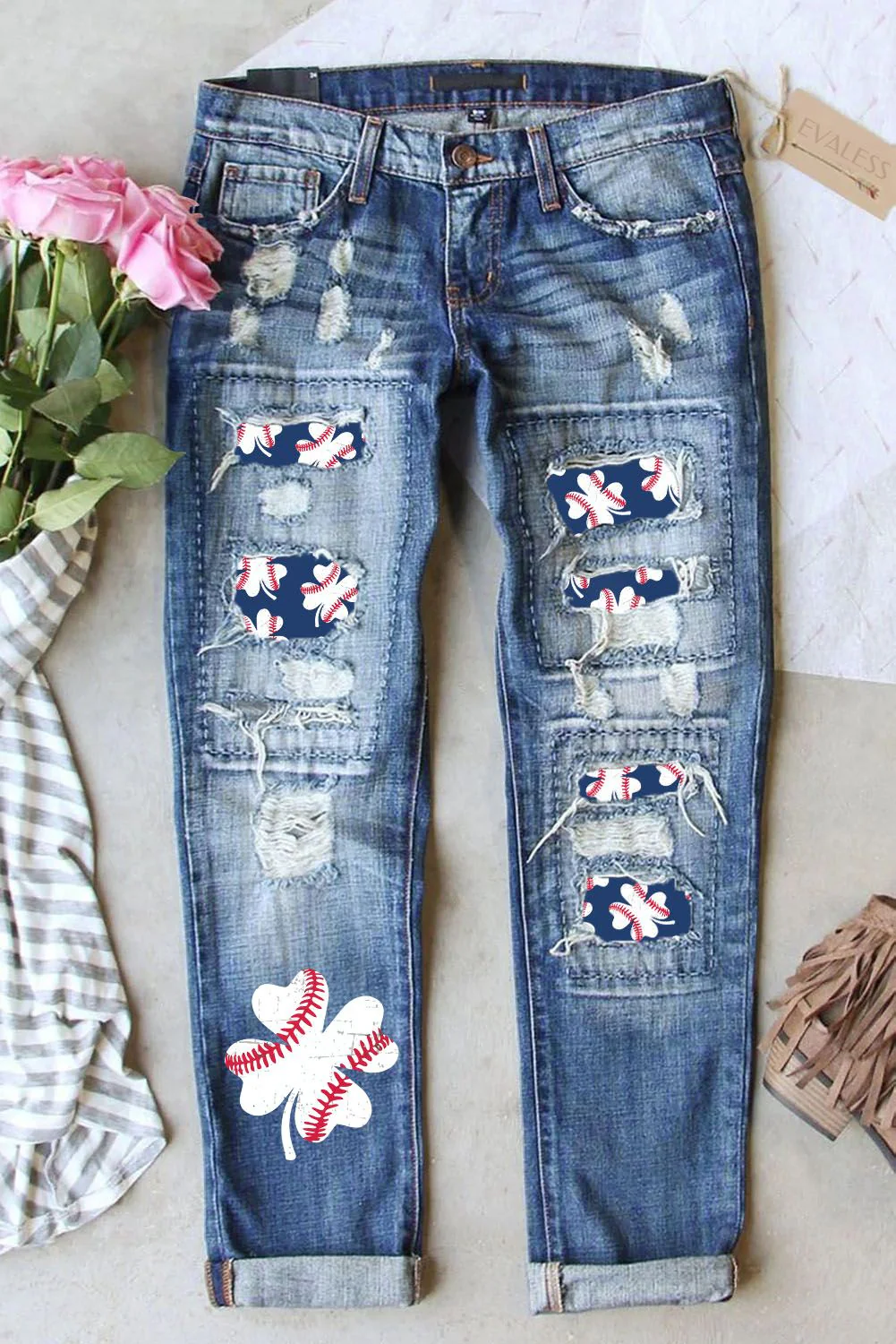 Baseball Ripped Casual Denim Jeans.