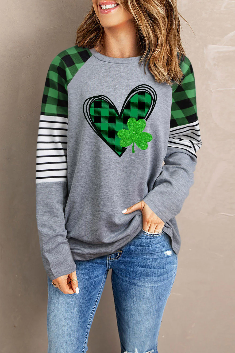 St. Patrick's Day Clover Striped Plaid Round Neck Shift Casual sweatshirt.