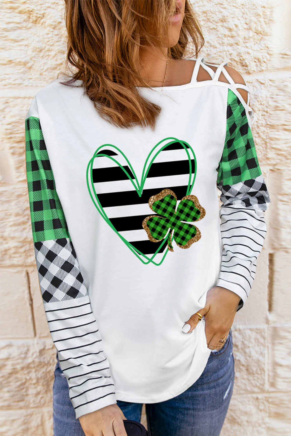 Green Plaid Stripe Casual T-shirt。