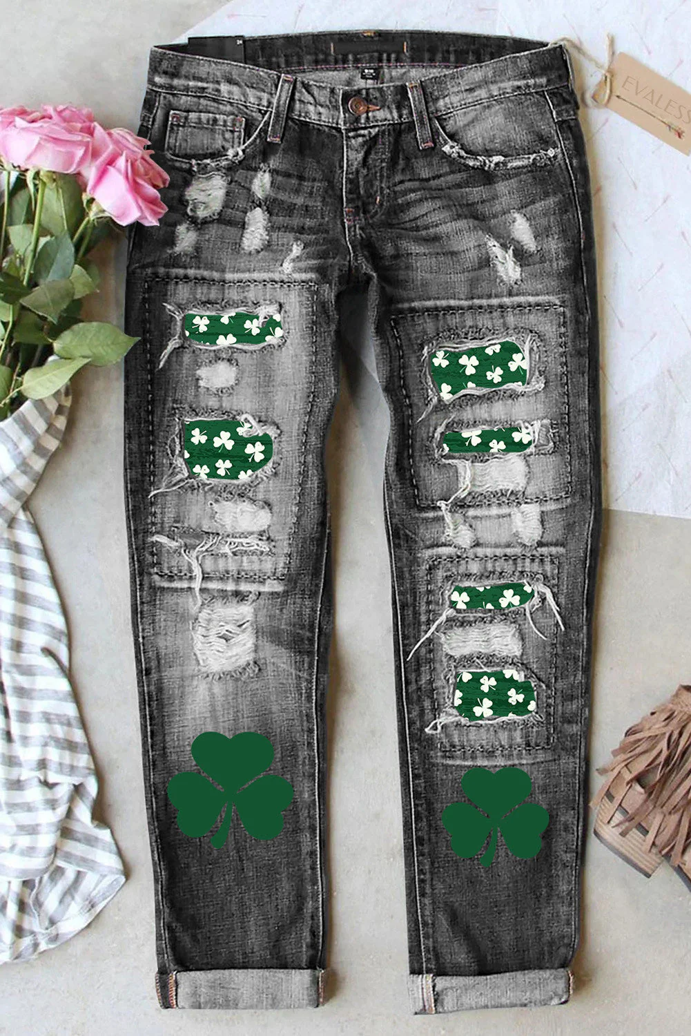 St. Patrick's Day Clover Graphic Casual Ripped Jeans.