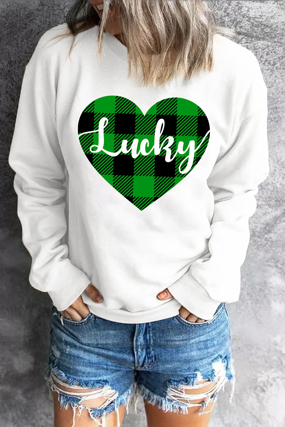 White Plaid Casual Love Letter Printing Sweatshirt.